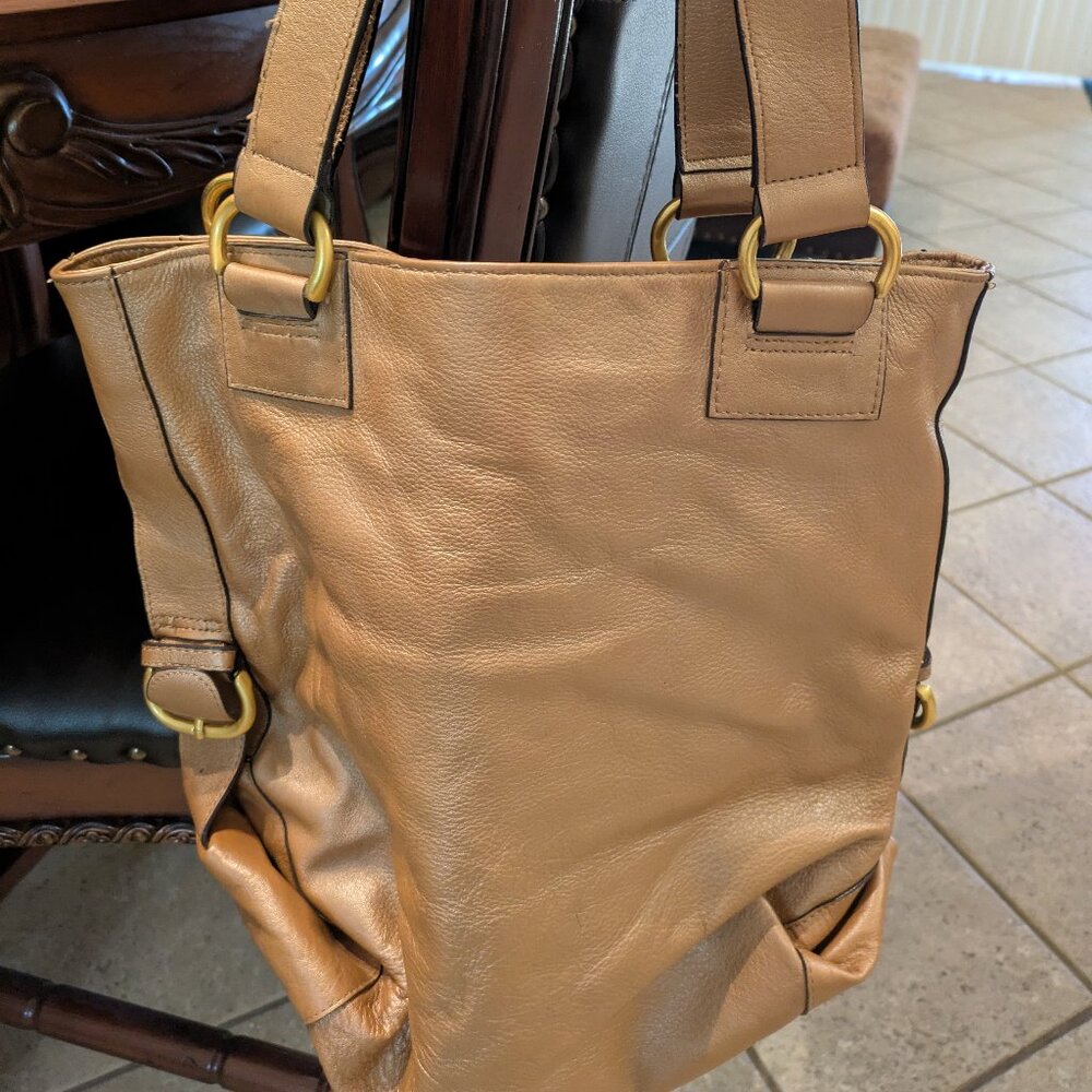Leather Shoulder Tote Bag - Tan